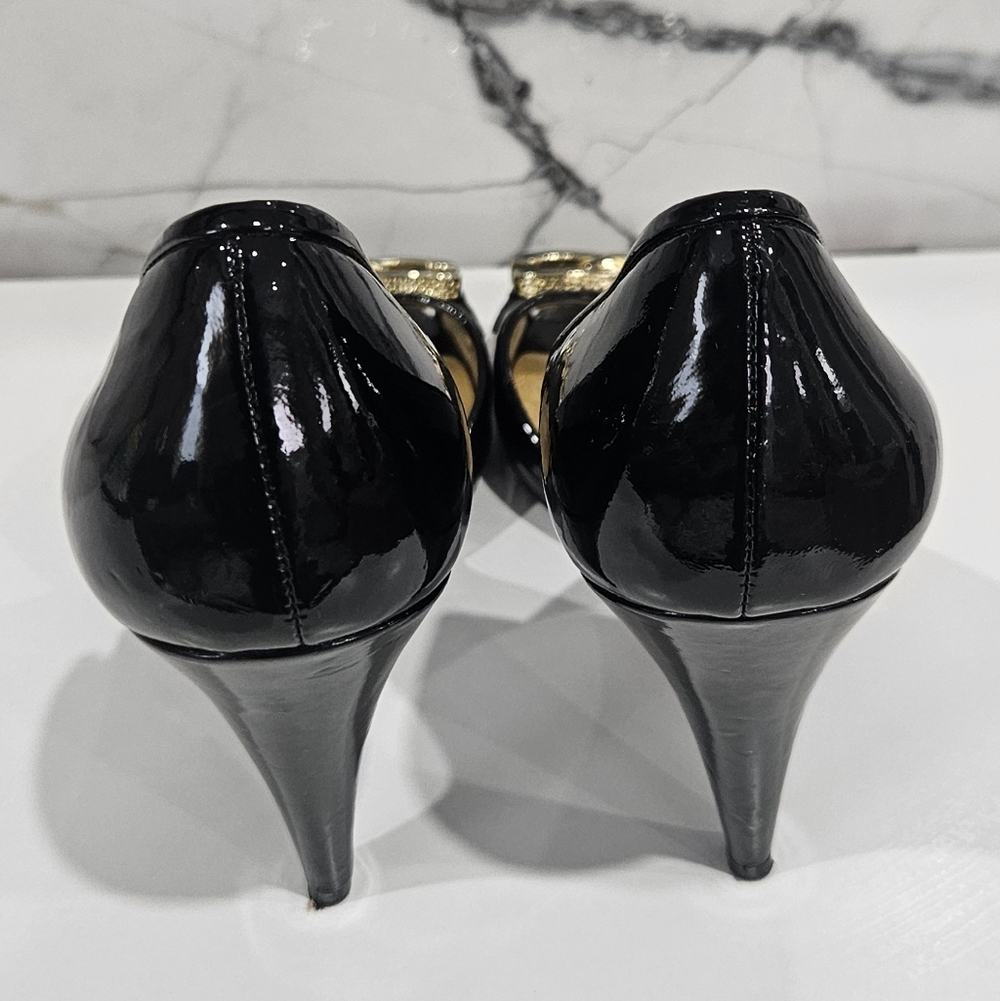 Authentic Coach Black and Gold Belinda Open Toe Heels Pumps US 7.5B - Picture 8 of 11